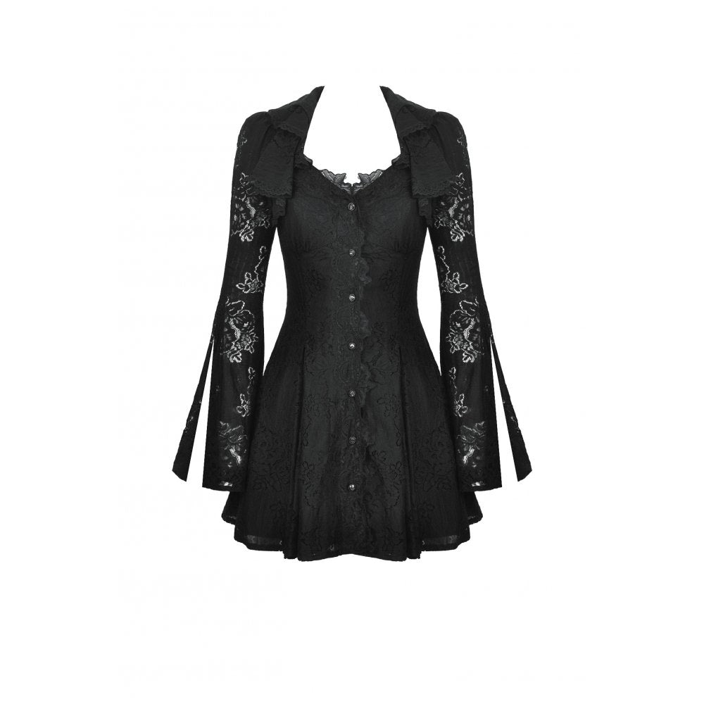 Dark in Love Luca Black Hollow Lace Gemstone-Button Adjustable Waist Dress