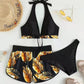 Three-Piece Leaf Print Bikini with Shorts, Fashion Summer Beach Swimsuit