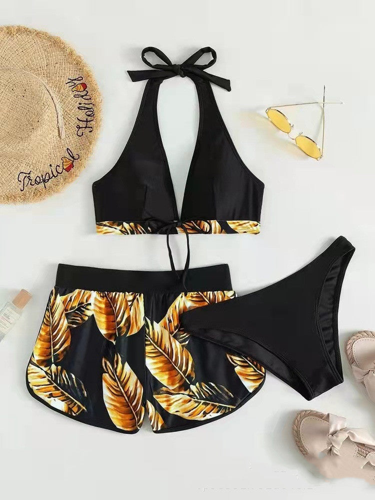 Three-Piece Leaf Print Bikini with Shorts, Fashion Summer Beach Swimsuit