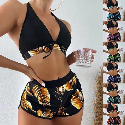 Three-Piece Leaf Print Bikini with Shorts, Fashion Summer Beach Swimsuit