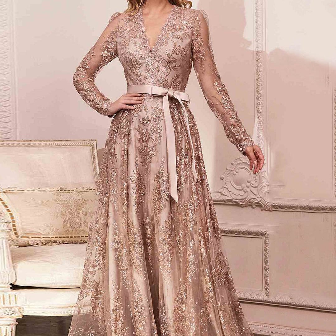 Vireous Gold Organza Tie-Up Evening Dress