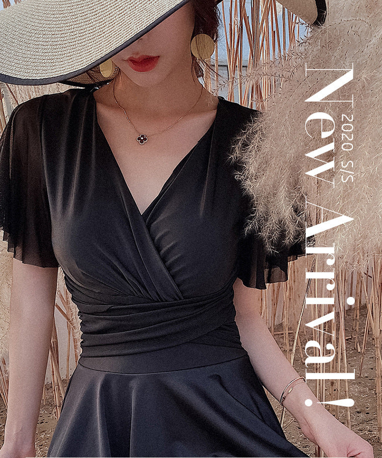 Vireous Elegant Gathered Resortwear Swimming Dress with Under Shorts