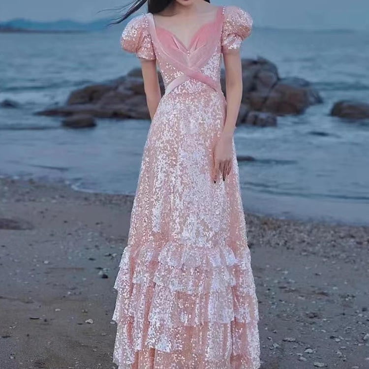 Vireous Soft Luxury Pink Layered Evening Dress