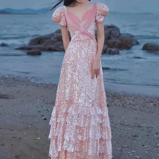 Vireous Soft Luxury Pink Layered Evening Dress