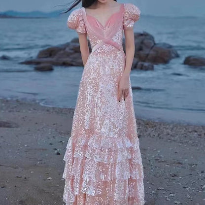 Vireous Soft Luxury Pink Layered Evening Dress