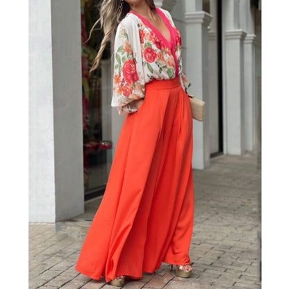 Vireous Rose Printed Shirt Red High-Waist Trousers Suit