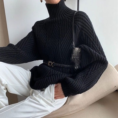 Vireous Geometric-Knit High Turtle Neck Women's Sweater