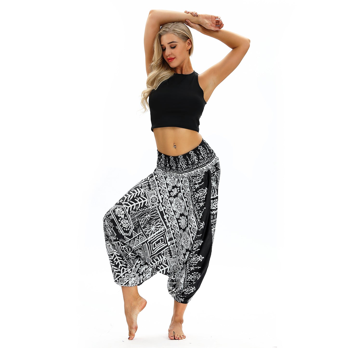 Peacock Feather Print, Ethnic Dance, Yoga Loose Crotch Ankle Banded Pants