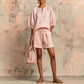 Summer Fashion Cotton-Linen Lantern-Sleeve Shirt and Drawstring Shorts Set