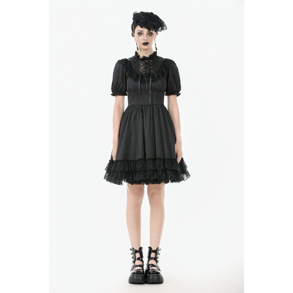 Dark in Love Belladonna Lace-Up High Collar Puff Sleeve Goth Dress, Plus Sizes