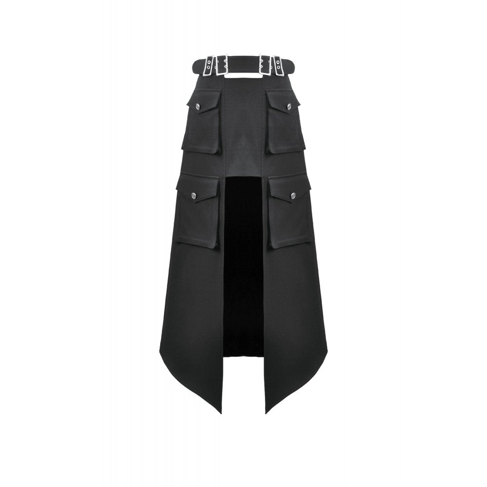 Dark in Love Punk Layered-Pocket Cutout Belted Long Skirt