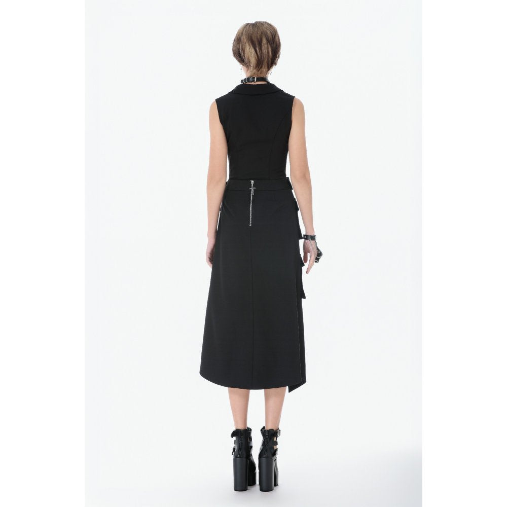 Dark in Love Punk Layered-Pocket Cutout Belted Long Skirt