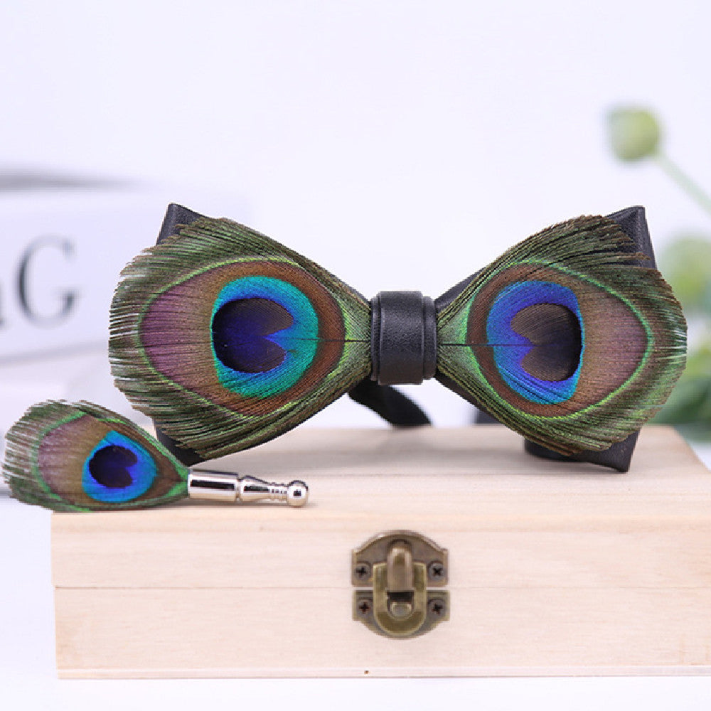 Men's Bow Tie, Peacock Big Eyes Blue Feather