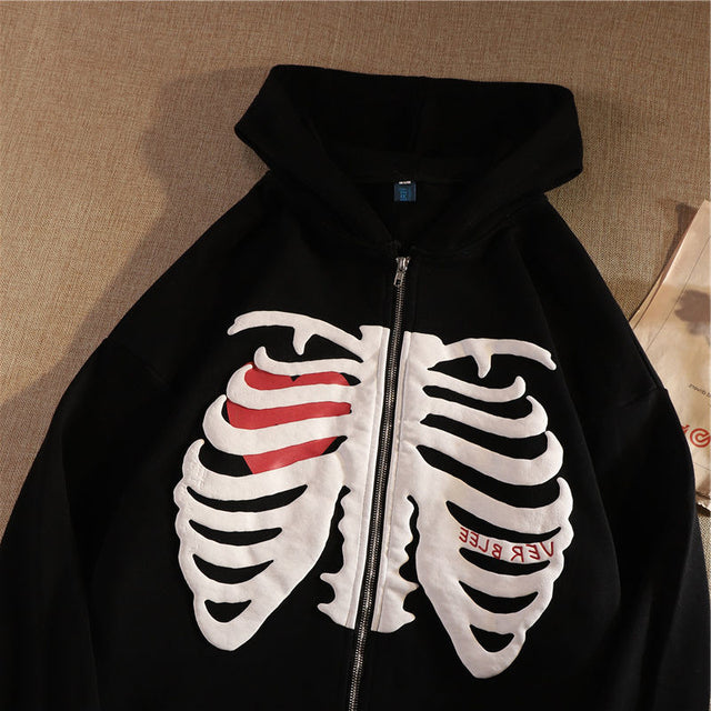 Skeleton Print Unisex Full Zip Hoodie