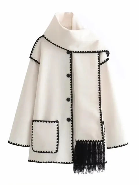 Vireous Faux Cashmere Splice Overcoat with Scarf, Multi Colours