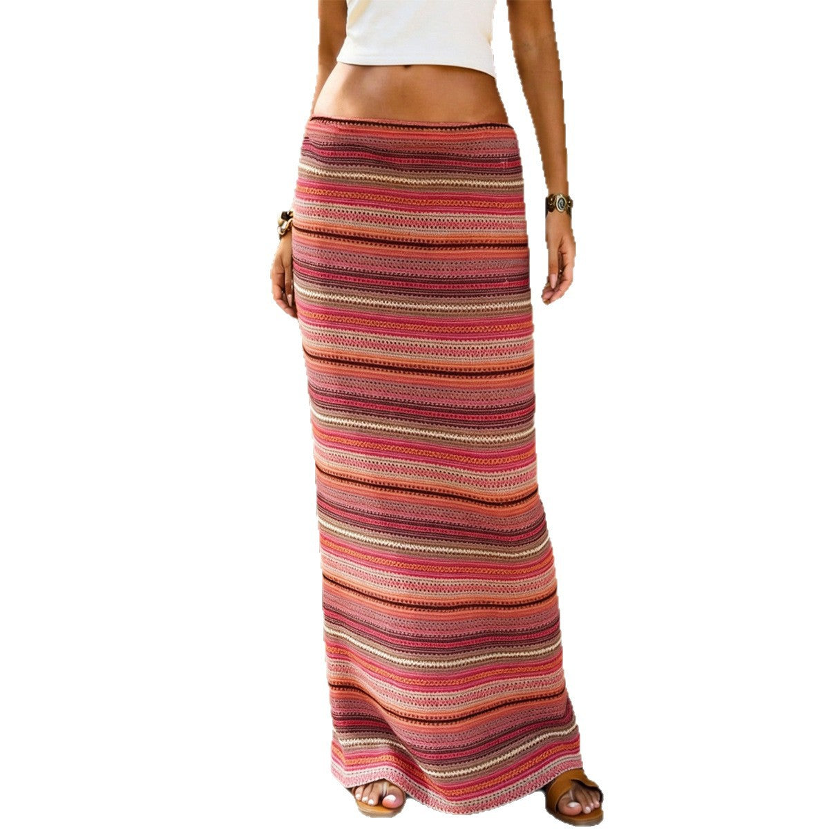 Vireous Resort-Style Striped-Knit Casual Beach Skirt in Pink