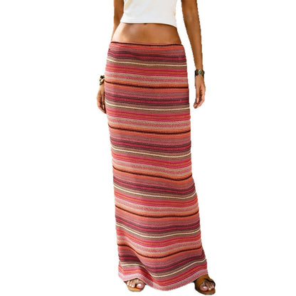 Vireous Resort-Style Striped-Knit Casual Beach Skirt in Pink