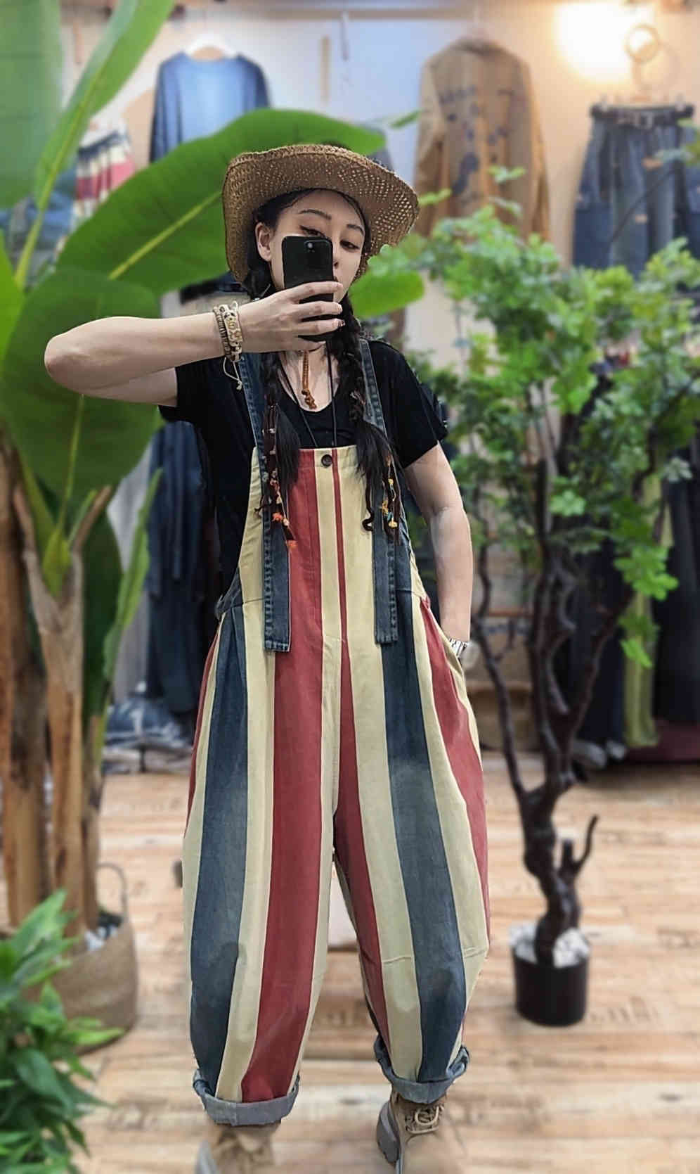 Vintage Stripe Suspender Pants, Women's Loose Cotton Denim Jumpsuit