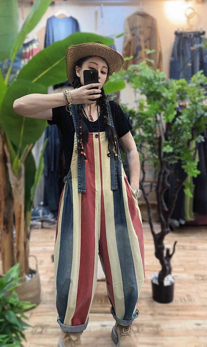 Vintage Stripe Suspender Pants, Women's Loose Cotton Denim Jumpsuit