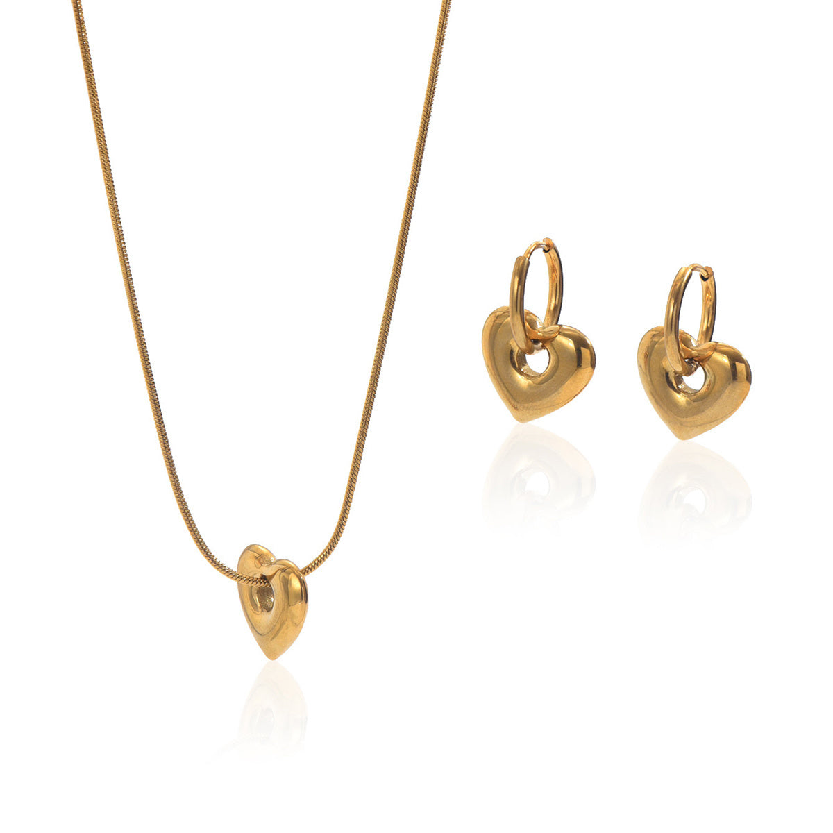 Gold-Plated Hollow Heart Jewellery Set, Mirror Polish Hypoallergenic with Adjustable Chain