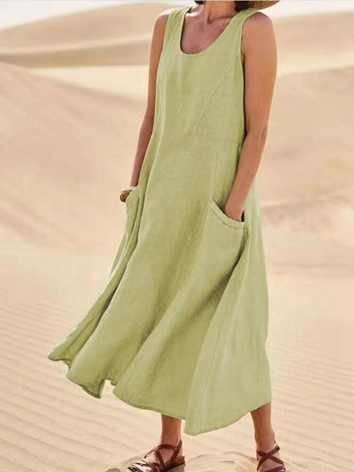 Summer Sleeveless Long Smock Dress with Pockets, Plus Sizes