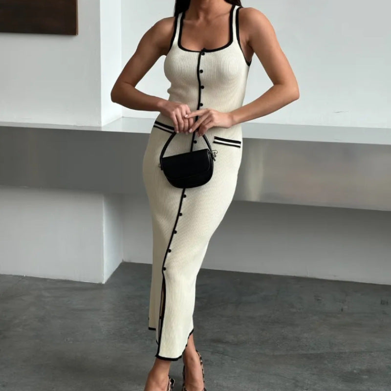 Vest-Style Dress, Multi-Buckle Slit Long Knitted Dress