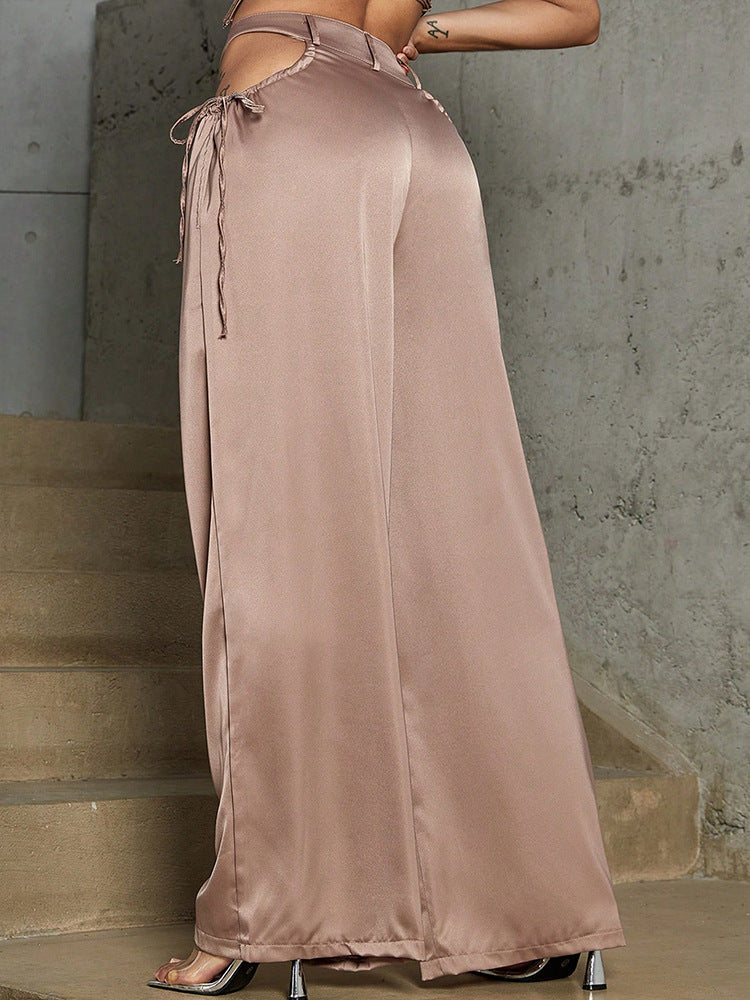 Peekaboo Cord-Tie, Women's High Waist Satin Straight Pants