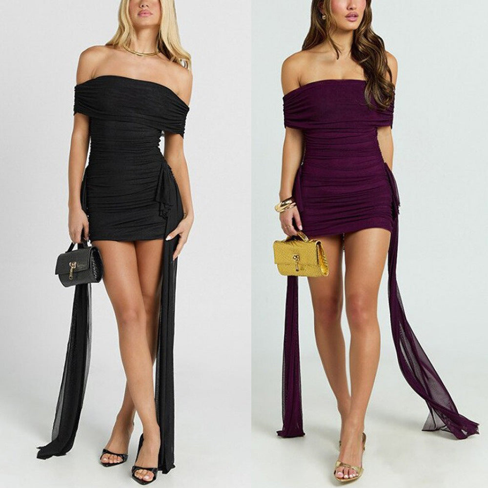 Vireous Off-the-Shoulder Pleated Flowing Ribbon-Fit Mini Dress