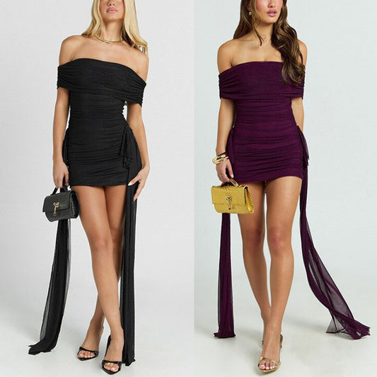 Vireous Off-the-Shoulder Pleated Flowing Ribbon-Fit Mini Dress