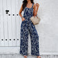 Vireous Fashion Print Women's Overalls Square-Neck Jumpsuit with Pockets