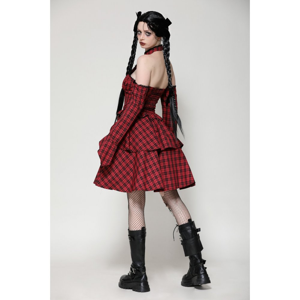 Dark in Love Rosalind Black and Red Tartan Cold Shoulder Halter Neck Dress
