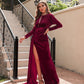 Vireous Women's Long-Split Velvet High-Neck Evening Dress