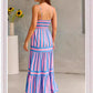 Vireous Summer Fresh Striped Print Suspender Long Dress, with Pockets