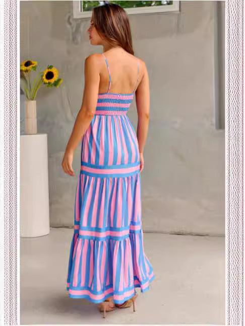 Vireous Summer Fresh Striped Print Suspender Long Dress, with Pockets