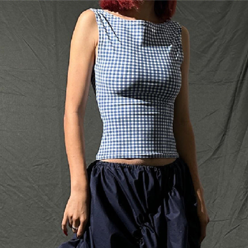 Houndstooth Bow Strap Elegant Slim Vest Top