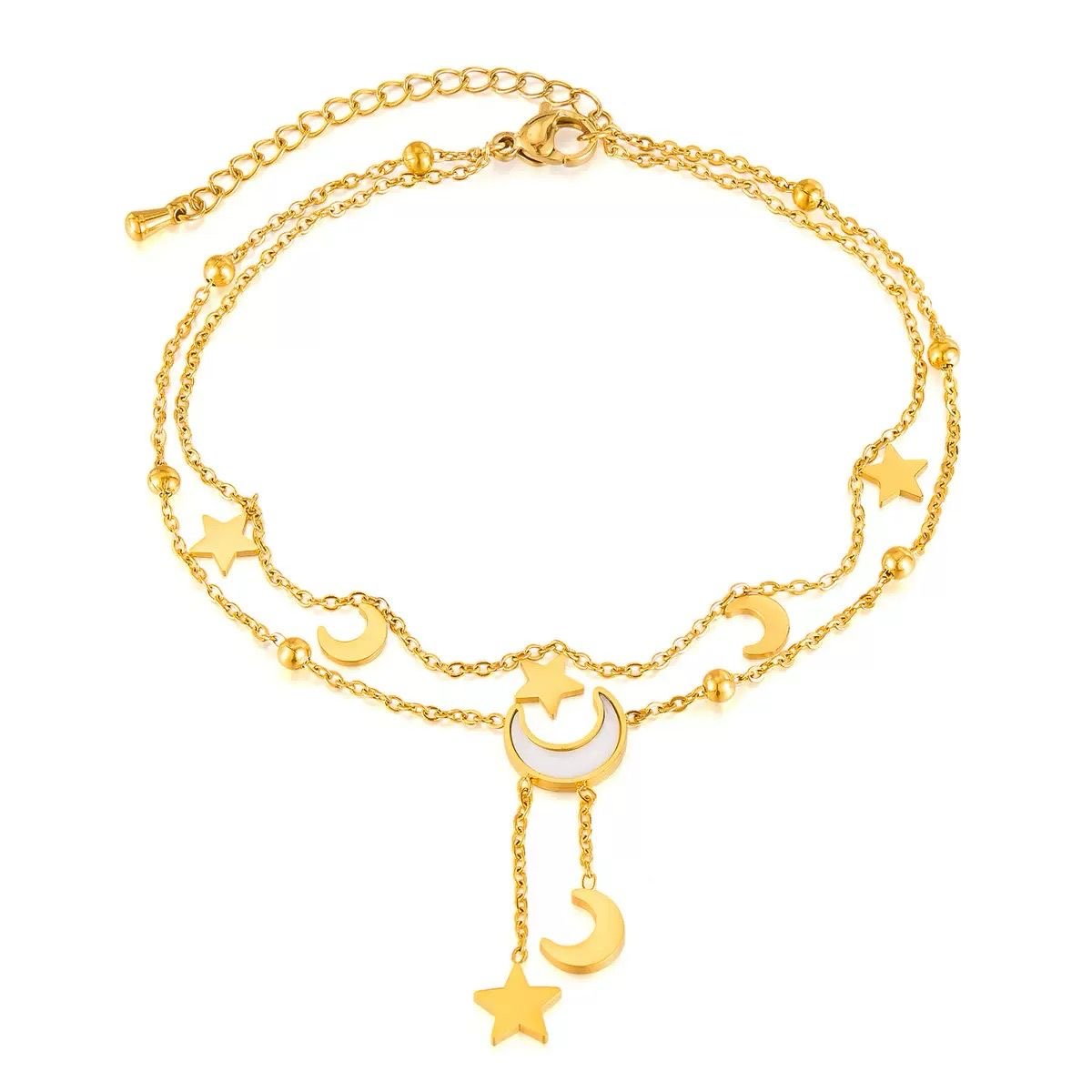Cassia Luxe 18K Gold Double-Layer Celestial Moon and Star Gold Anklet