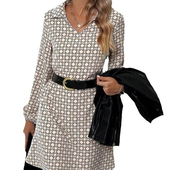 Vireous Long Sleeve Geometric Print Polo Collar Dress