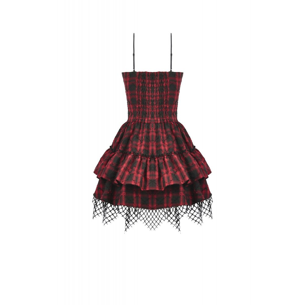 Dark in Love Red-Black Plaid Leather-Layered Punk Sweetcore Dress