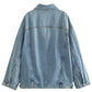 Retro Collar Women's Denim Jacket Coat Set With Pants