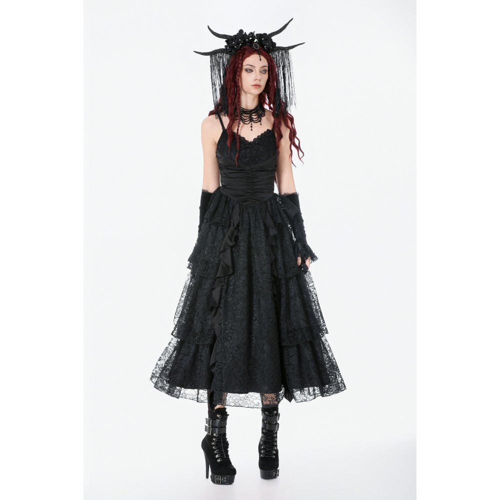 Dark in Love Gothic Satin Lace Tiered Dress