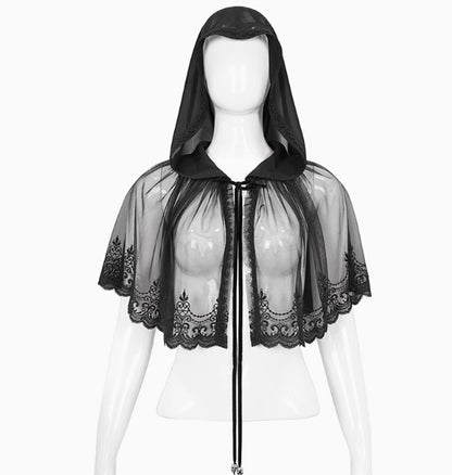 Gothic Fashion Womenswear Dark Lace Mesh Hooded Cloak