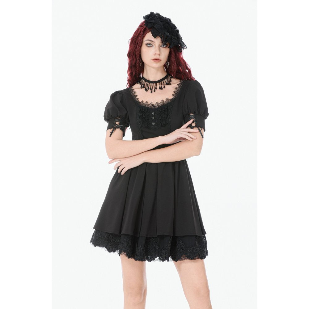 Dark in Love Gothic Lace Square-Neck Puff-Sleeve Dress