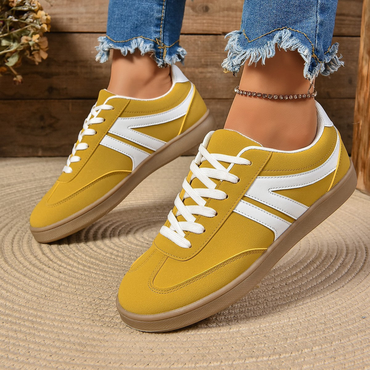 Lace-Up Round Toe Sneakers, Fashion Sports Slip-On Casual Flats