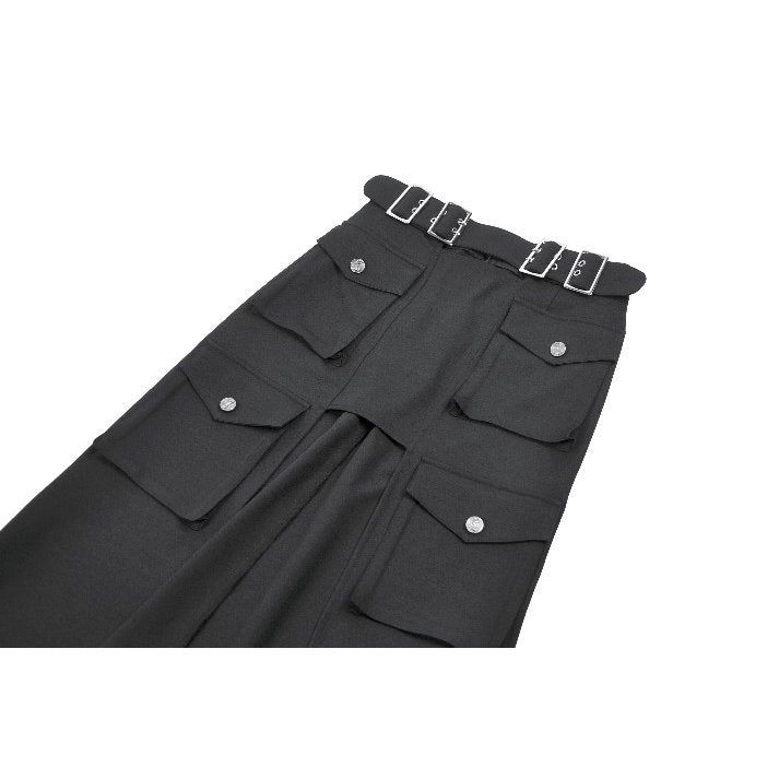 Dark in Love Punk Layered-Pocket Cutout Belted Long Skirt