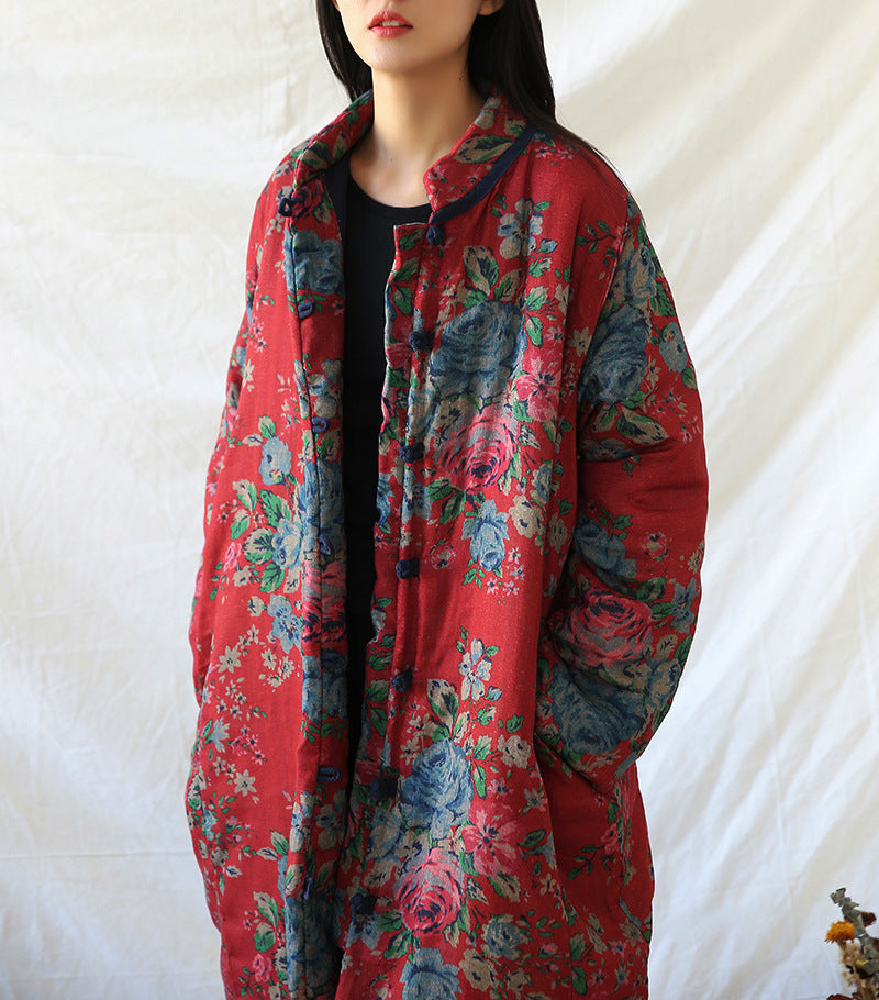 Vireous Cotton and Linen Women's Floral Retro Art Padded Coat