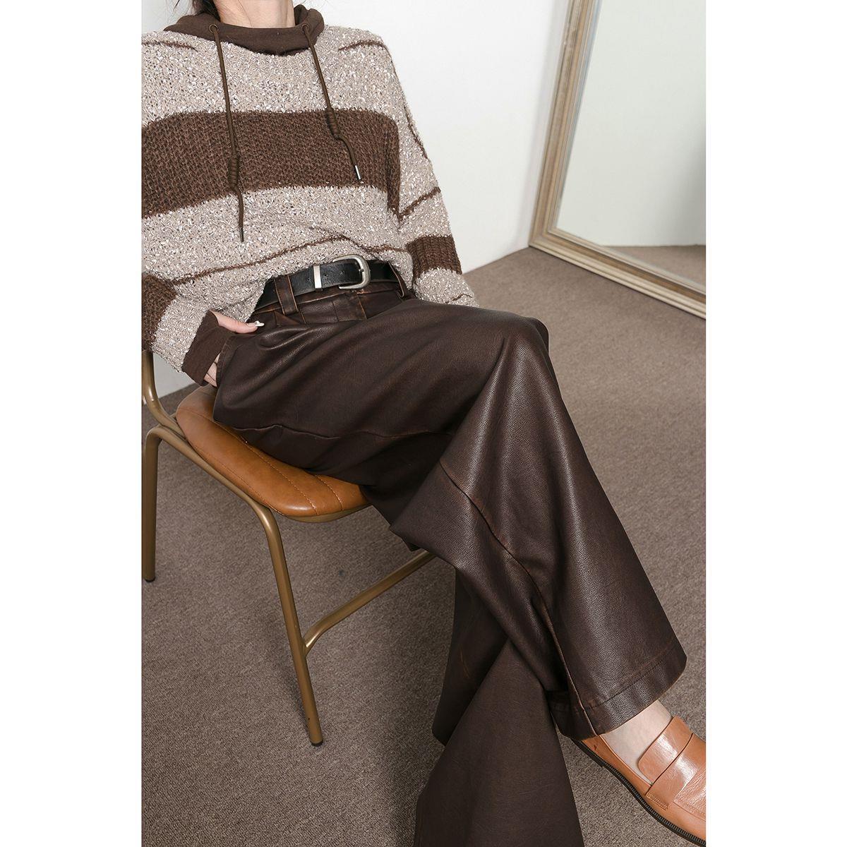 Vireous Women's Designer Vintage Brown Pleated Loose Leather Pants