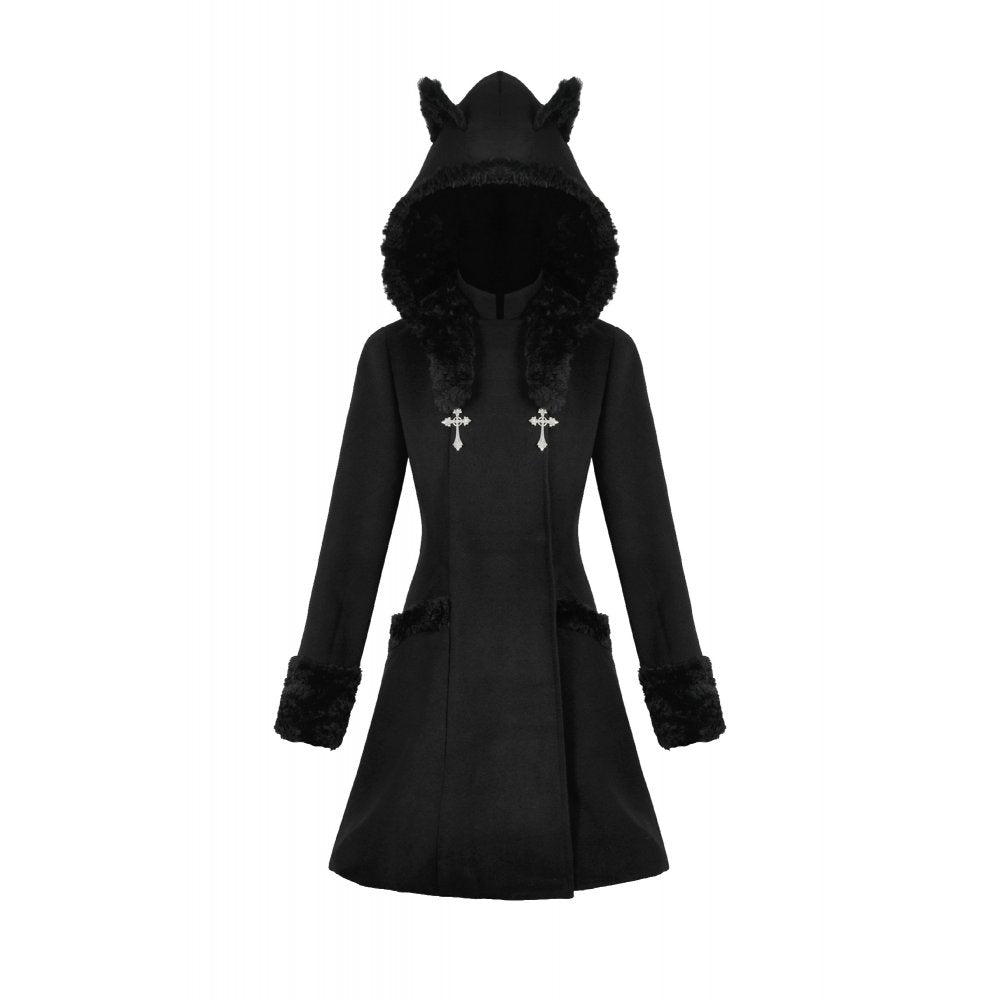 Dark in Love Cat-Ear Faux Fur-Trim Gothic Hooded Coat