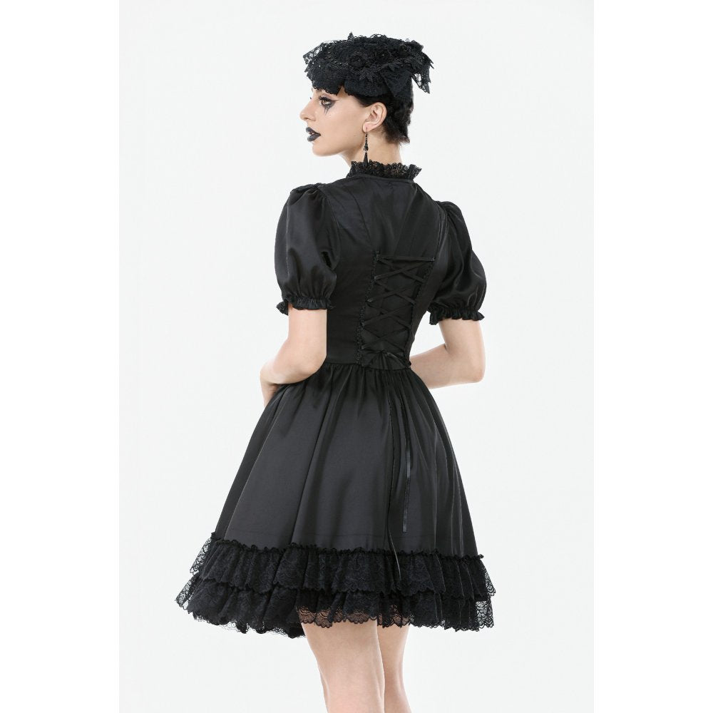 Dark in Love Belladonna Lace-Up High Collar Puff Sleeve Goth Dress, Plus Sizes