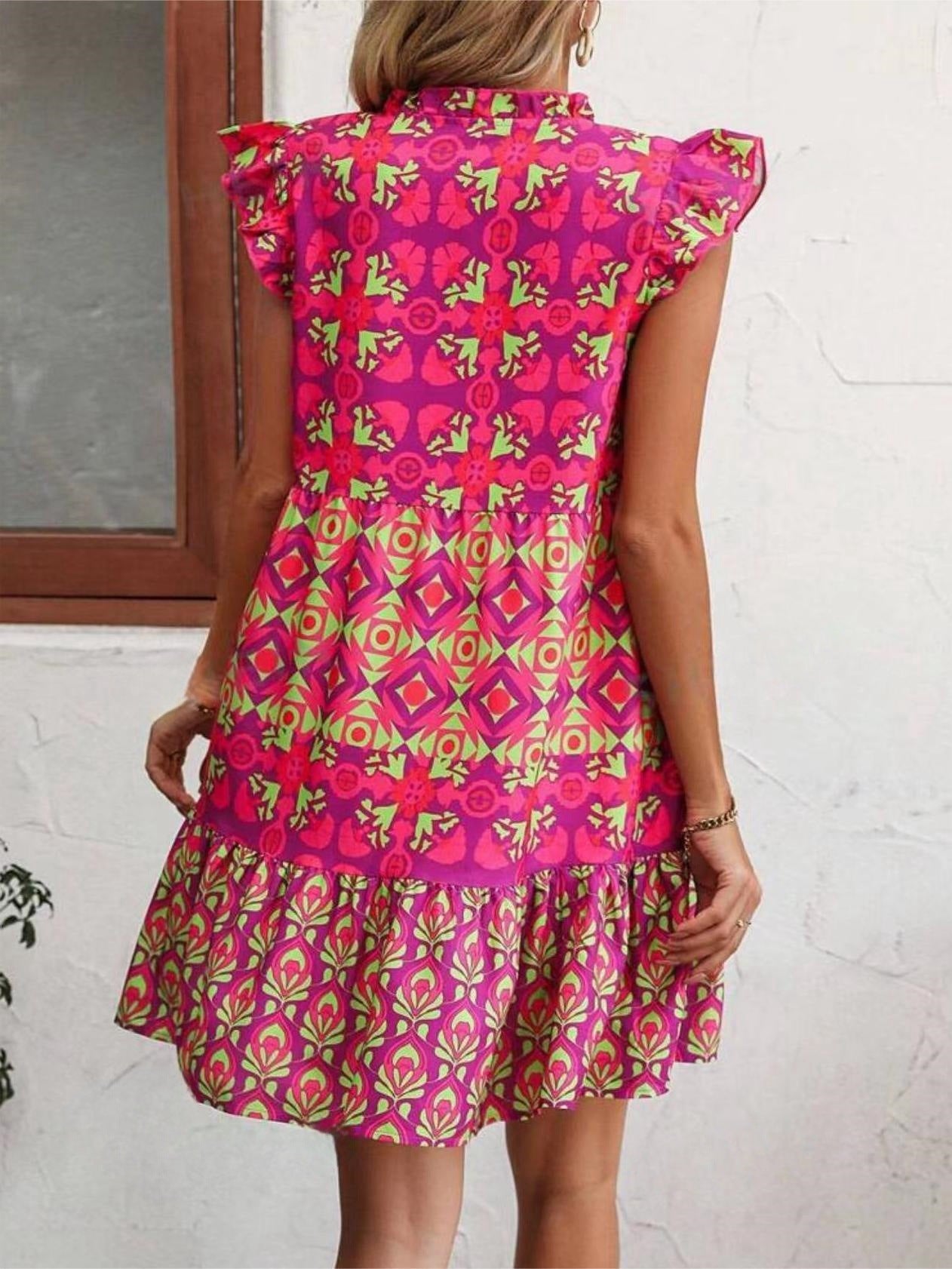 Vireous Pink Print Sleeveless Summer Sun Dress, Straight Tie-Up Dress