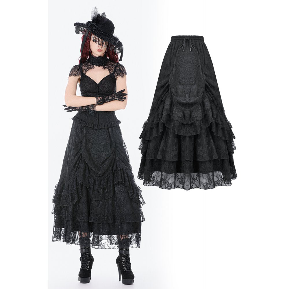 Dark in Love Vintage Gothic Lace-Layered Maxi Skirt